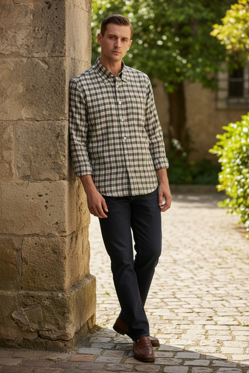 MAZZARELLI LINEN SPORT SHIRT - BURGUNDY & GREEN CHECK