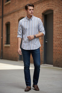 MAZZARELLI SPORT SHIRT - BROWN/BLUE PIN STRIPE