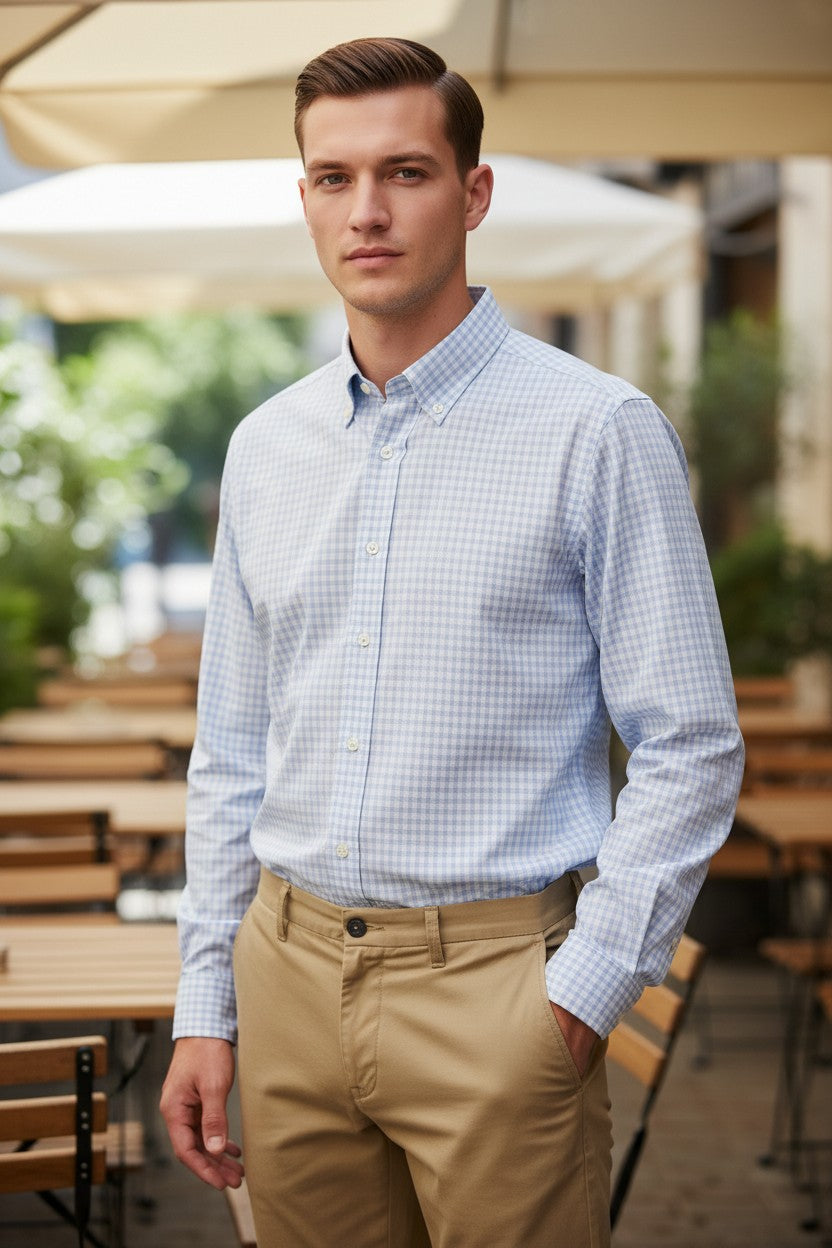 MAZZARELLI SPORT SHIRT - LIGHT BLUE CHECK PLAID