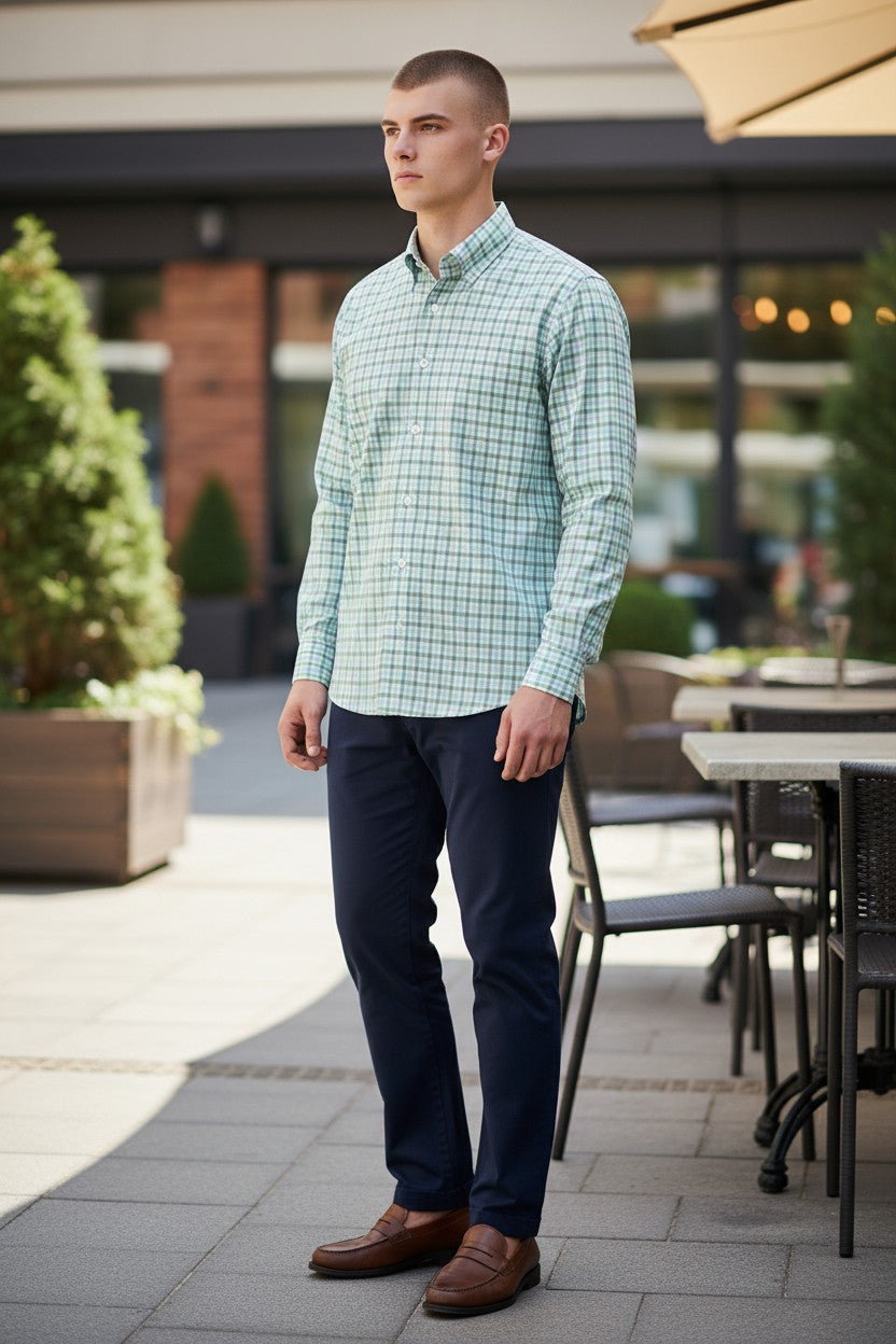 MAZZARELLI SPORT SHIRT - GREEN/BLUE CHECK PLAID