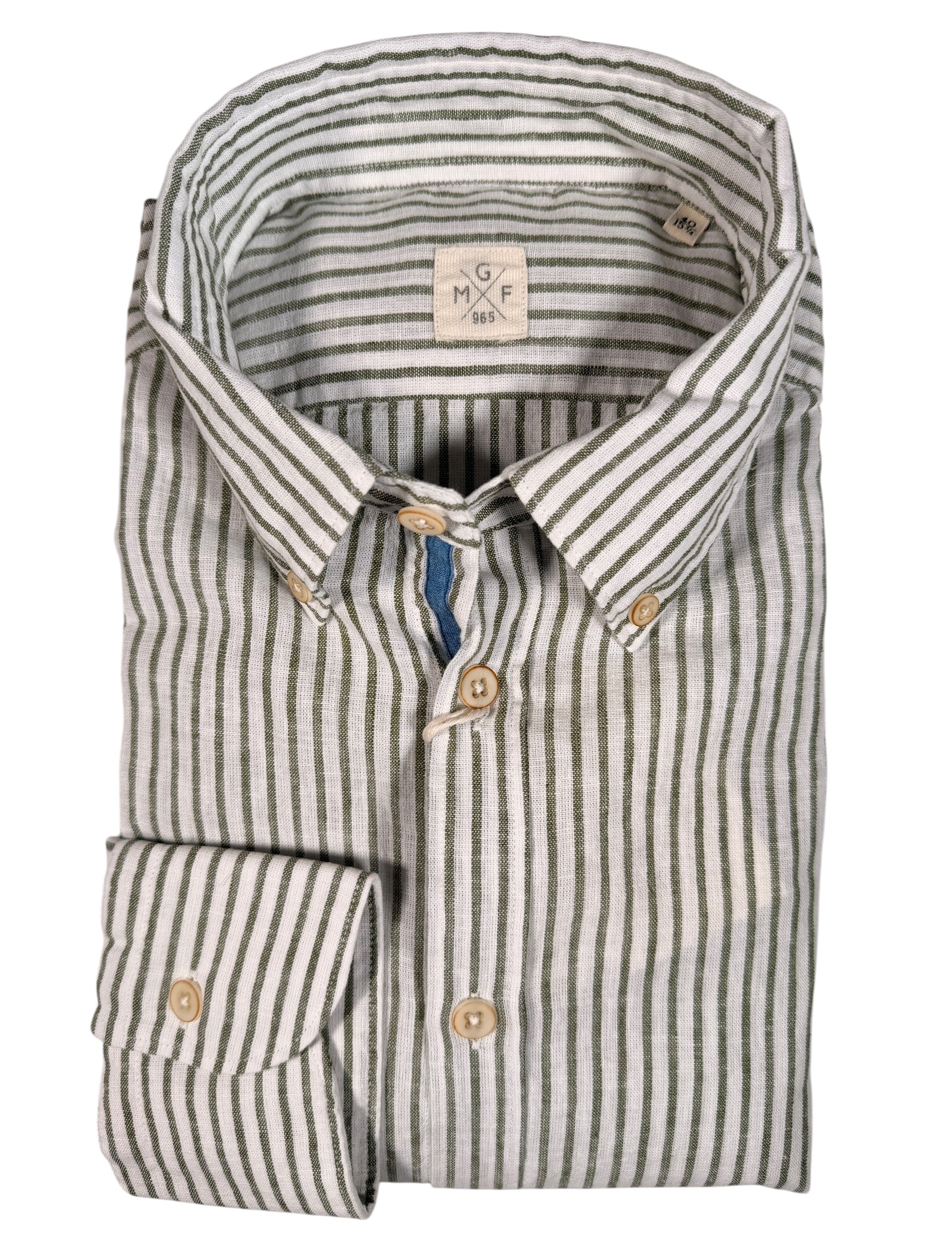 GMF 965 MEN'S LINEN BLEND SPORT SHIRT - GREEN/WHITE STRIPE