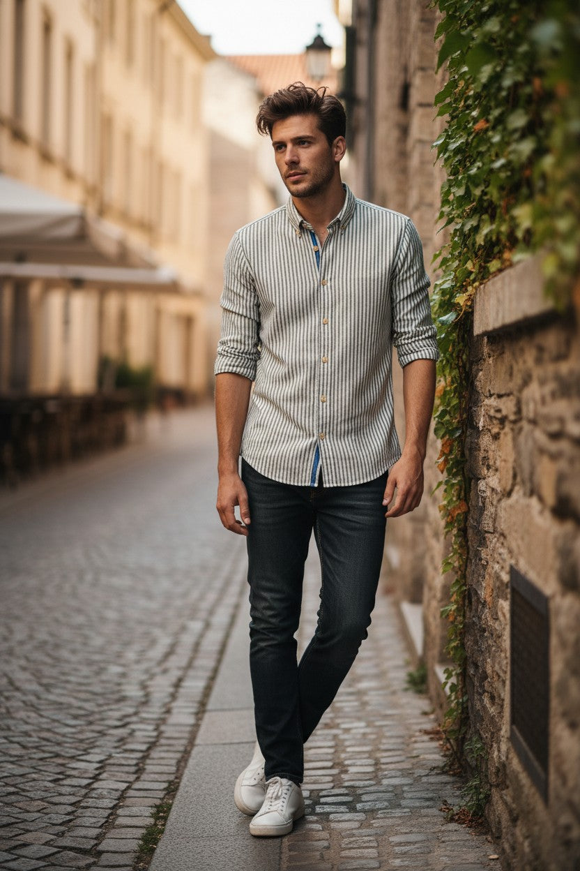 GMF 965 MEN'S LINEN BLEND SPORT SHIRT - GREEN/WHITE STRIPE