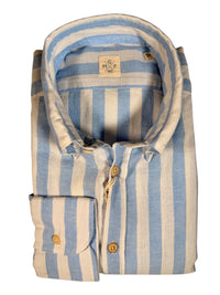 GMF 965 MEN'S LINEN BLEND SPORT SHIRT - LIGHT BLUE AWNING STRIPE