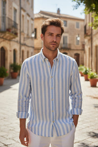 GMF 965 MEN'S LINEN BLEND SPORT SHIRT - LIGHT BLUE AWNING STRIPE