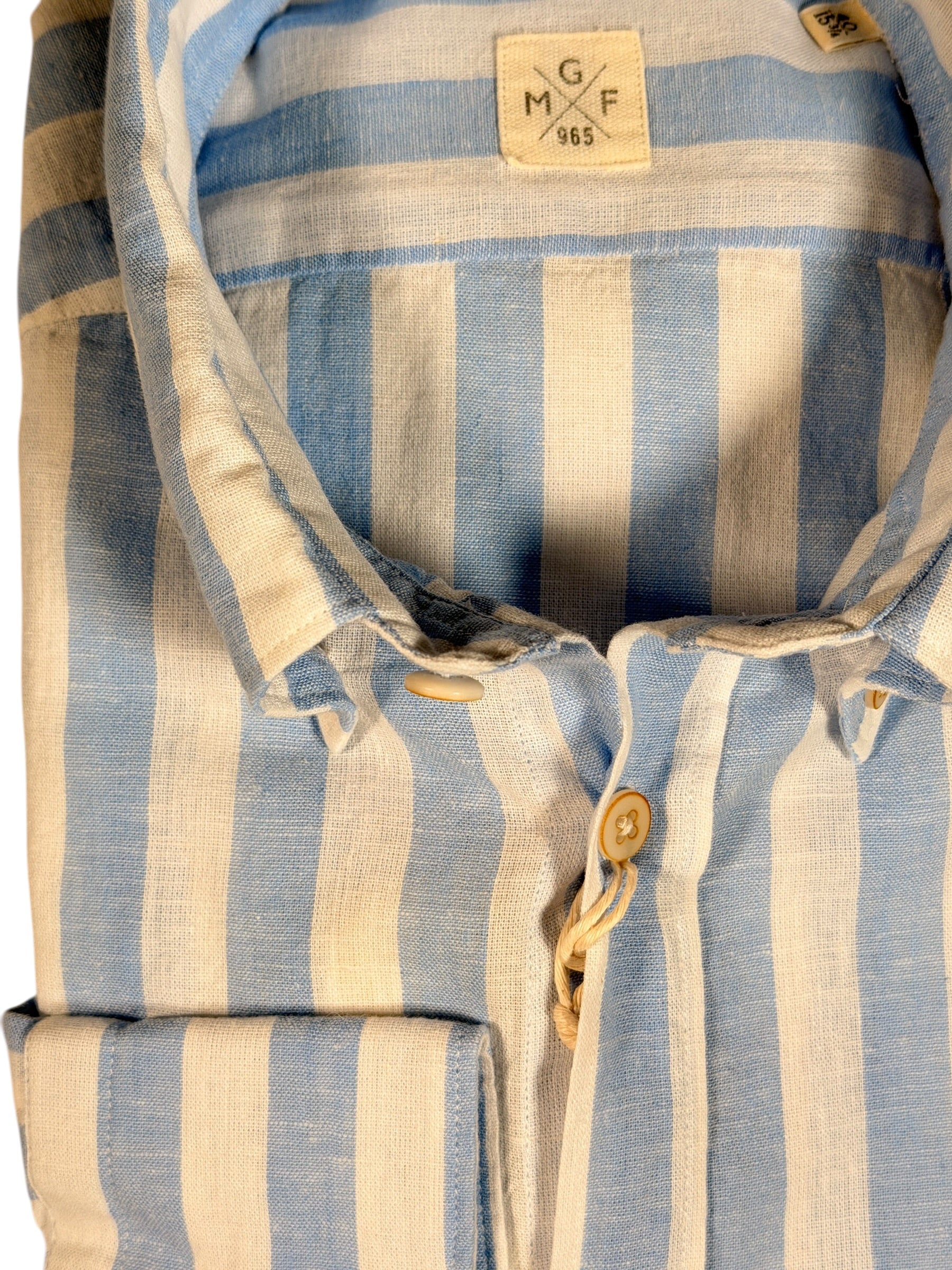 GMF 965 MEN'S LINEN BLEND SPORT SHIRT - LIGHT BLUE AWNING STRIPE