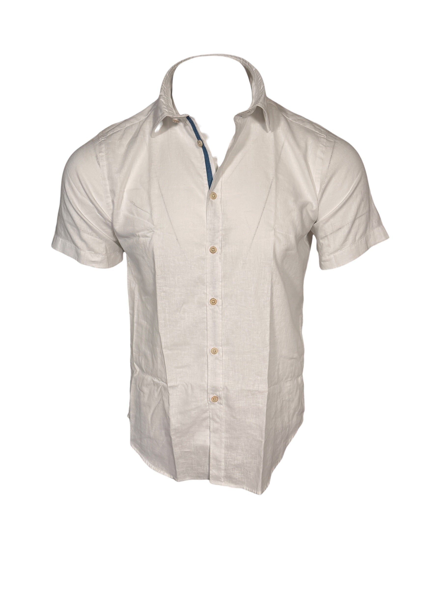 GMF 965 MEN'S LINEN BLEND SHORT-SLEEVE SPORT SHIRT - SOLID WHITE