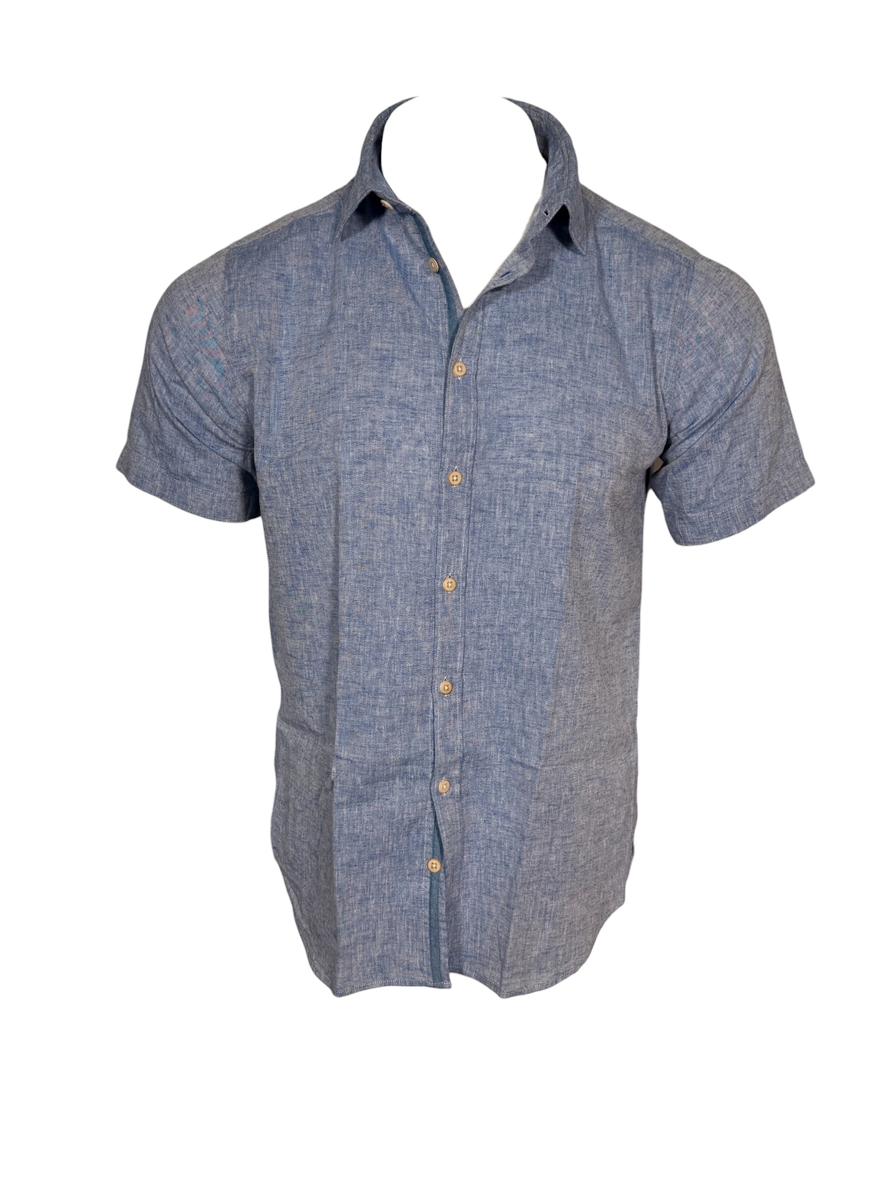 GMF 965 MEN'S LINEN BLEND SHORT-SLEEVE SPORT SHIRT - SOLID BLUE