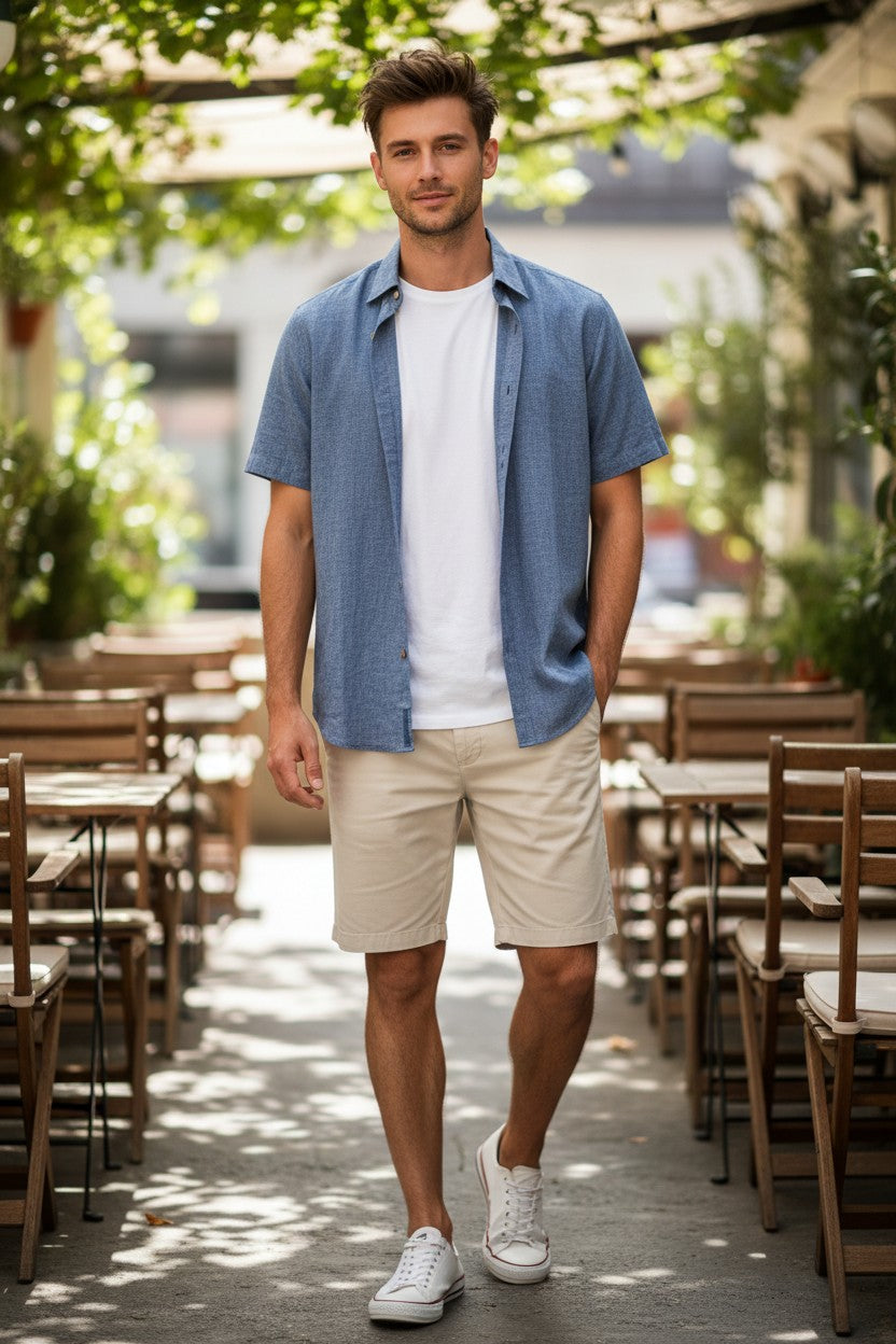 GMF 965 MEN'S LINEN BLEND SHORT-SLEEVE SPORT SHIRT - SOLID BLUE