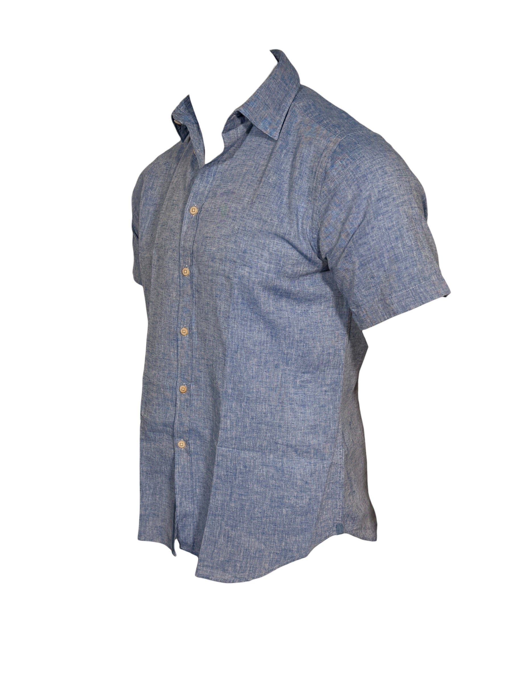 GMF 965 MEN'S LINEN BLEND SHORT-SLEEVE SPORT SHIRT - SOLID BLUE
