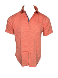 GMF 965 MEN'S LINEN BLEND SHORT-SLEEVE SPORT SHIRT - SOLID ORANGE