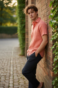 GMF 965 MEN'S LINEN BLEND SHORT-SLEEVE SPORT SHIRT - SOLID ORANGE