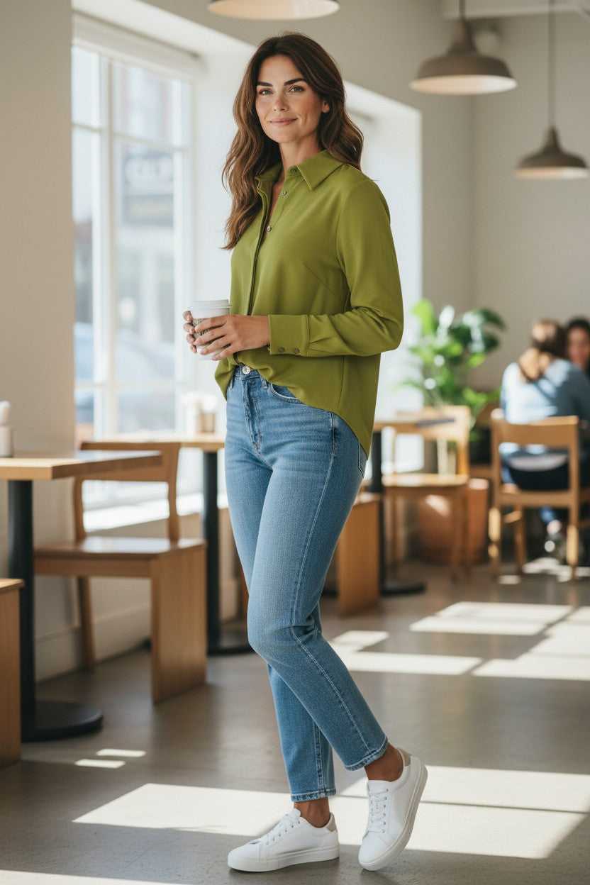 ESTELLE AND FINN CROP PLEAT BACK SHIRT - FERN