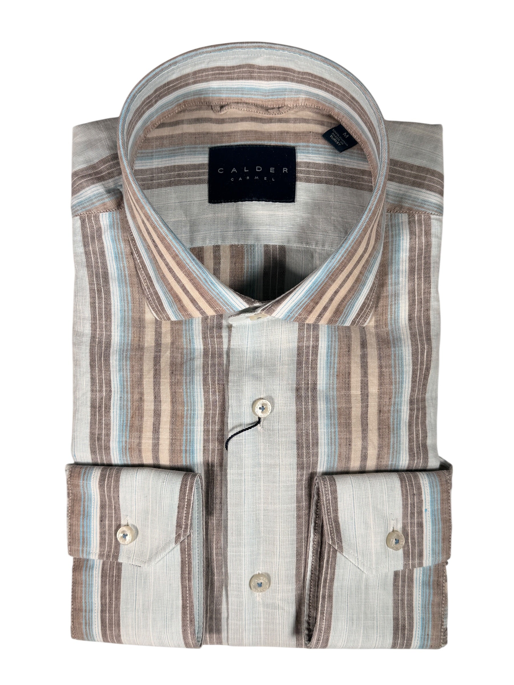 CALDER CARMEL MEN'S SHIRT - LIGHT BLUE/BROWN STRIPE