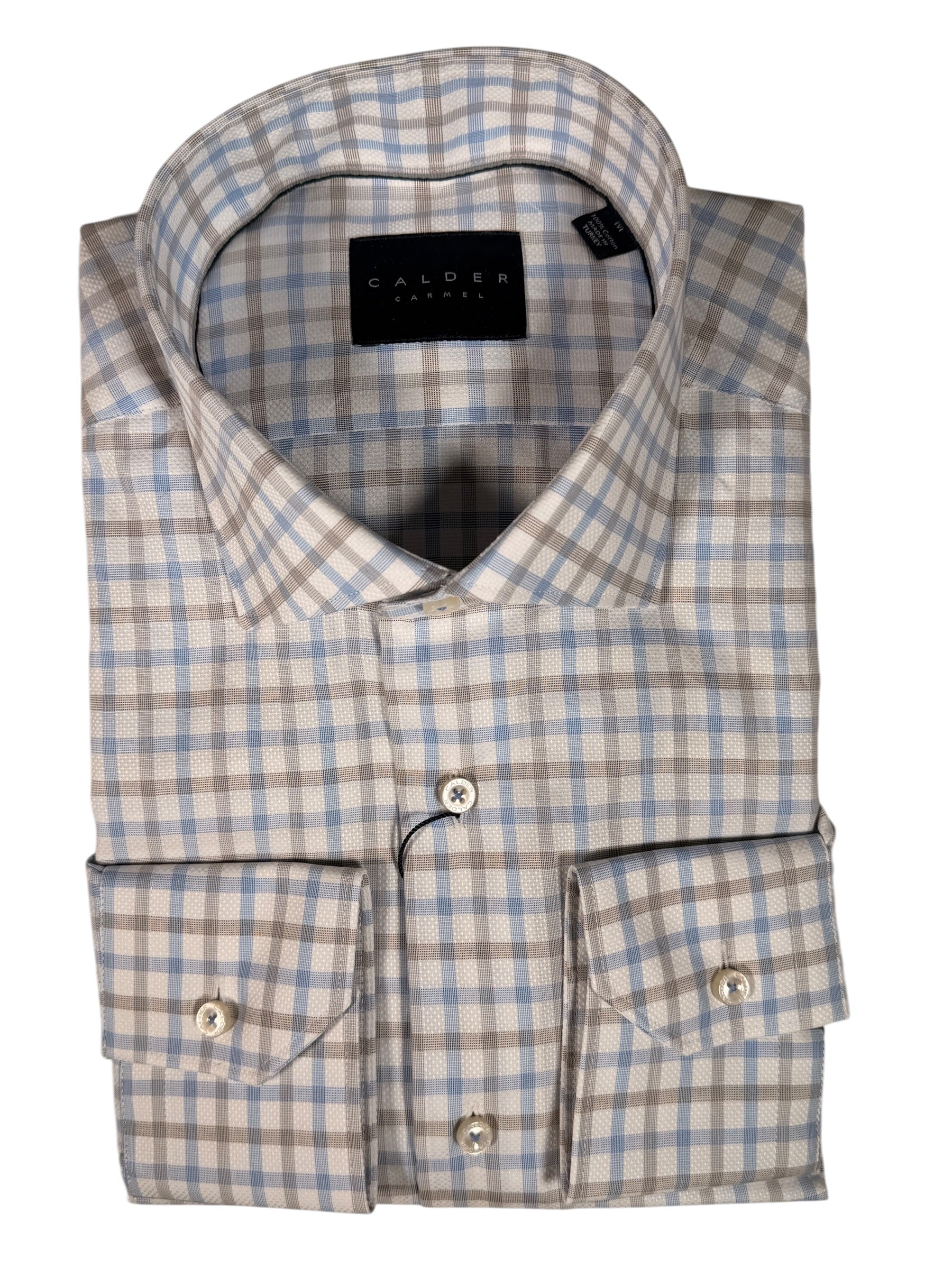 CALDER CARMEL MEN'S SHIRT - BLUE/TAN LUXE ITALIAN DOBBY & POPLIN CHECK