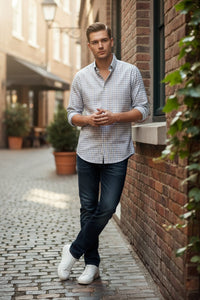 CALDER CARMEL MEN'S SHIRT - BLUE/TAN LUXE ITALIAN DOBBY & POPLIN CHECK