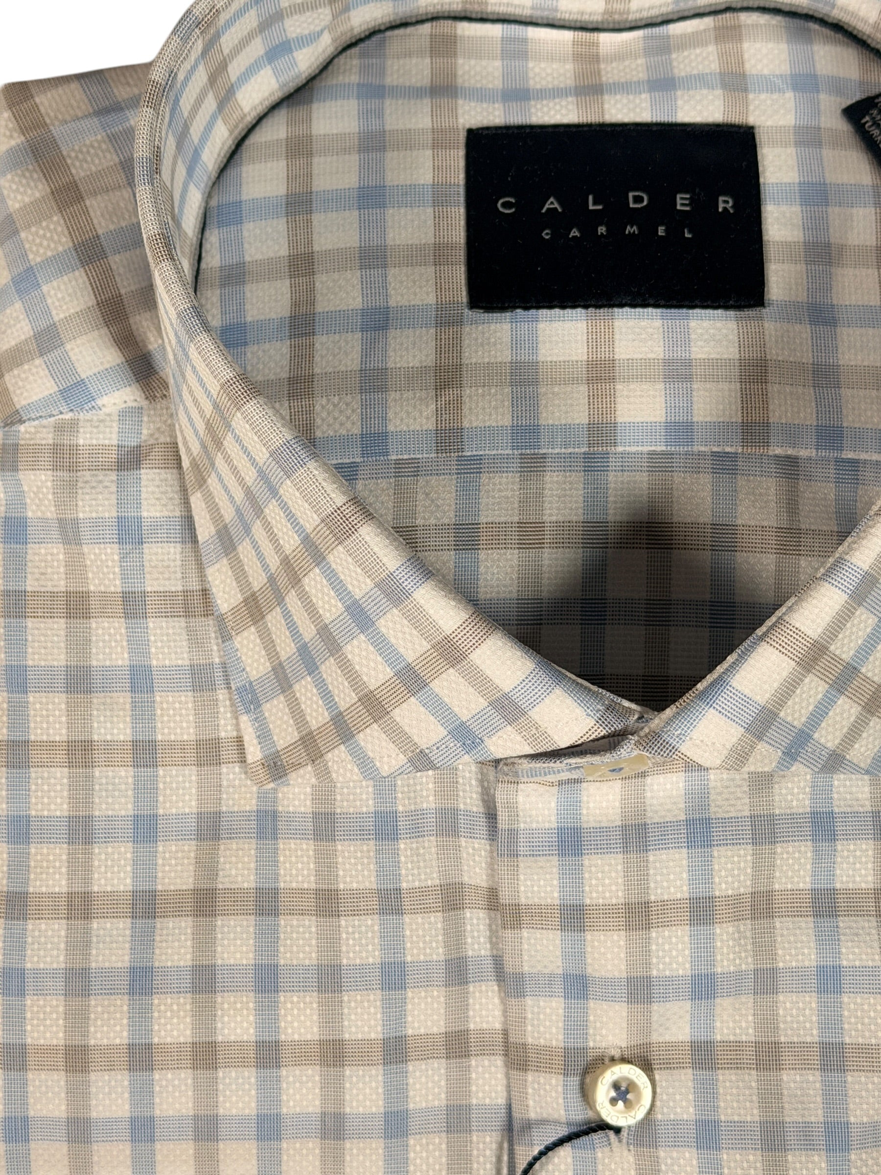 CALDER CARMEL MEN'S SHIRT - BLUE/TAN LUXE ITALIAN DOBBY & POPLIN CHECK
