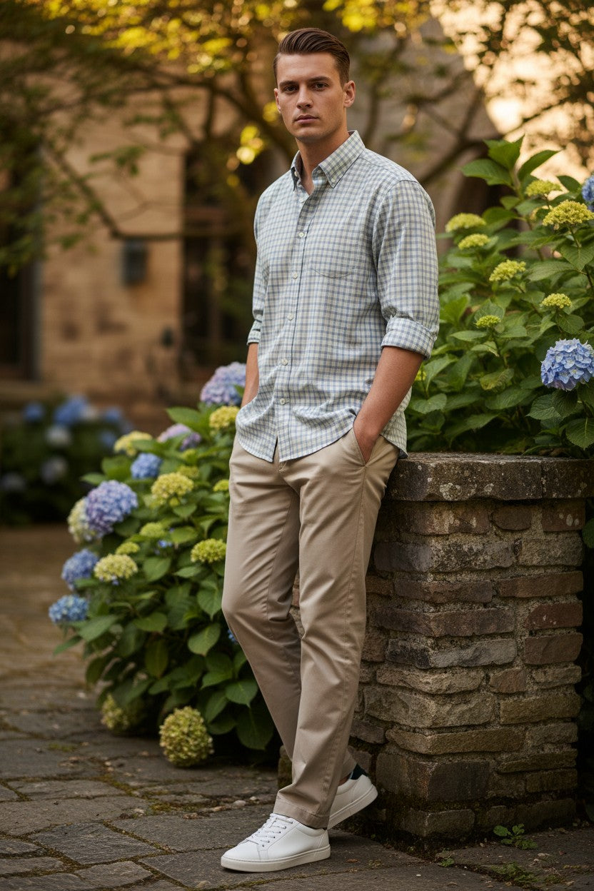 CALDER CARMEL MEN'S SHIRT - GREEN/BLUE LUXE ITALIAN DOBBY & POPLIN CHECK