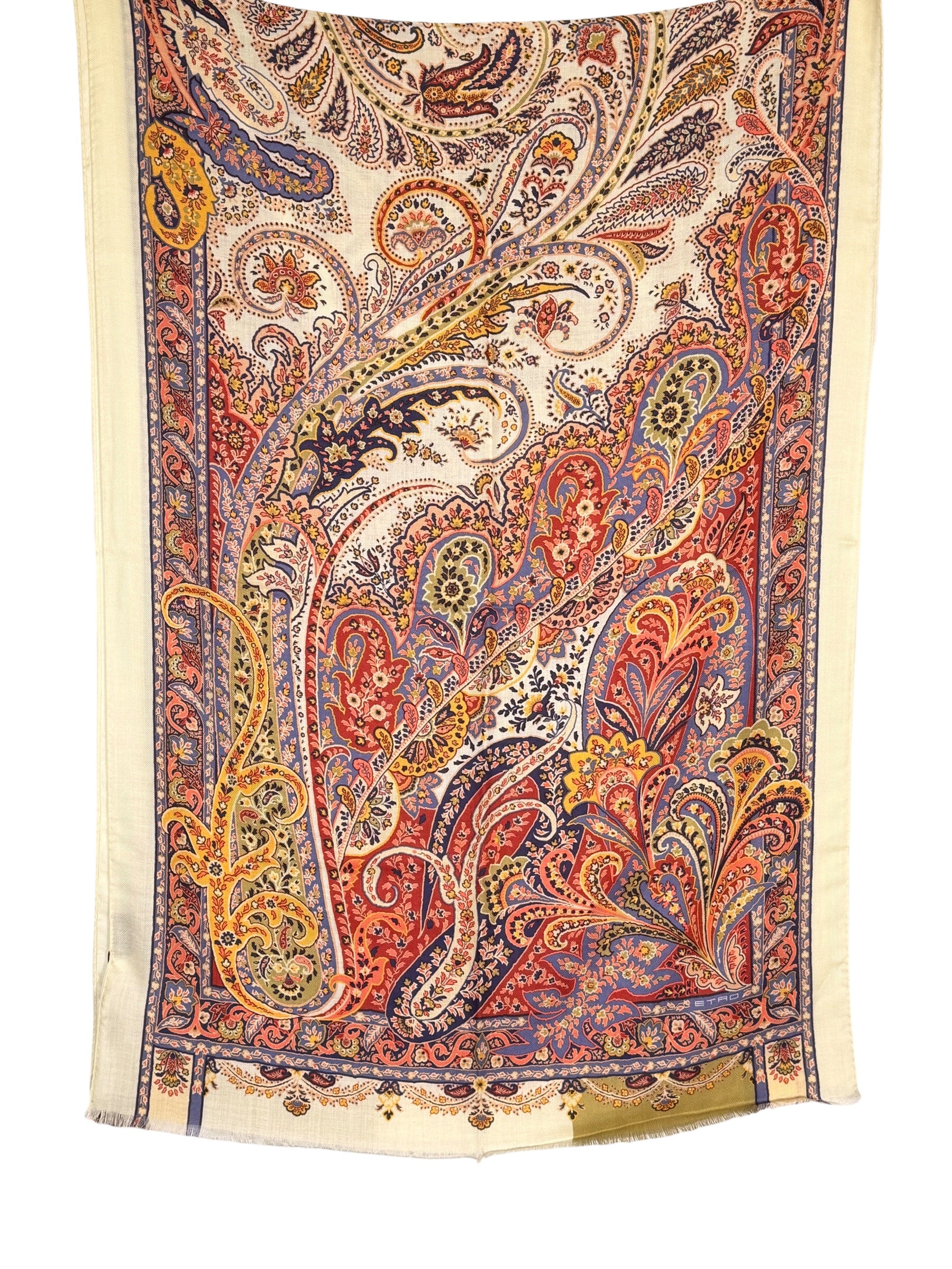 ETRO CASHMERE & SILK SCARF - ORANGE PAISLEY ON TEAL