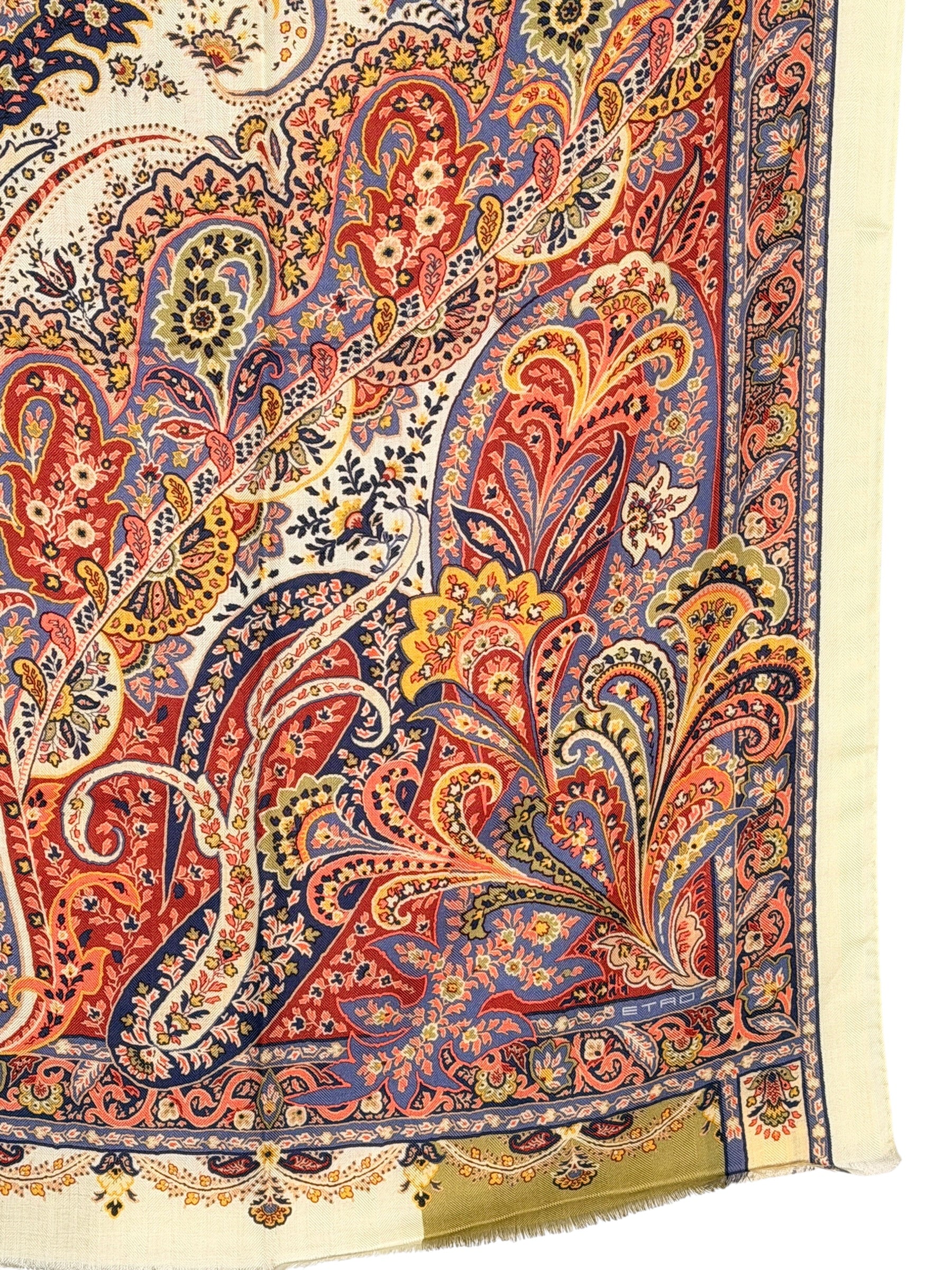 ETRO CASHMERE & SILK SCARF - ORANGE PAISLEY ON TEAL