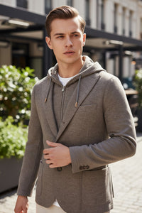 ELEVENTY - WOOL JACKET WITH REMOVABLE HOOD - CLAY