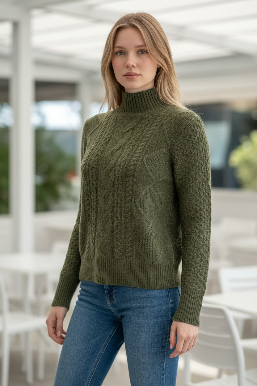 KINROSS CASHMERE MIXED CABLE MOCK SWEATER - HIGHLAND