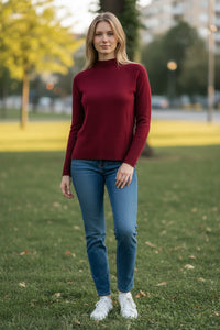KINROSS CASHMERE HI LOW RIB TRIM FUNNEL SWEATER - CORDOVAN