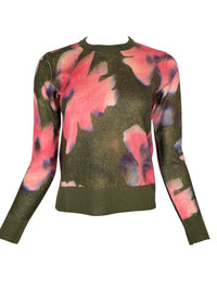 KINROSS CASHMERE HIGHLAND BLOOMS PRINT CREW SWEATER - OLIVE MULTI