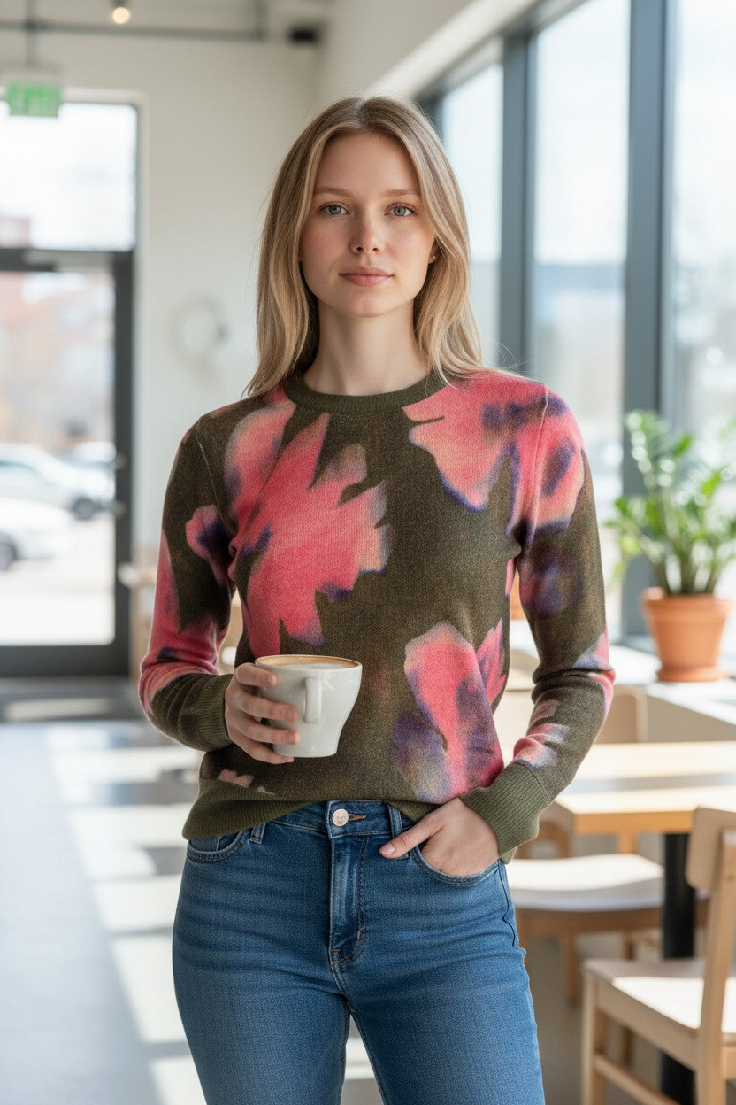 KINROSS CASHMERE HIGHLAND BLOOMS PRINT CREW SWEATER - OLIVE MULTI