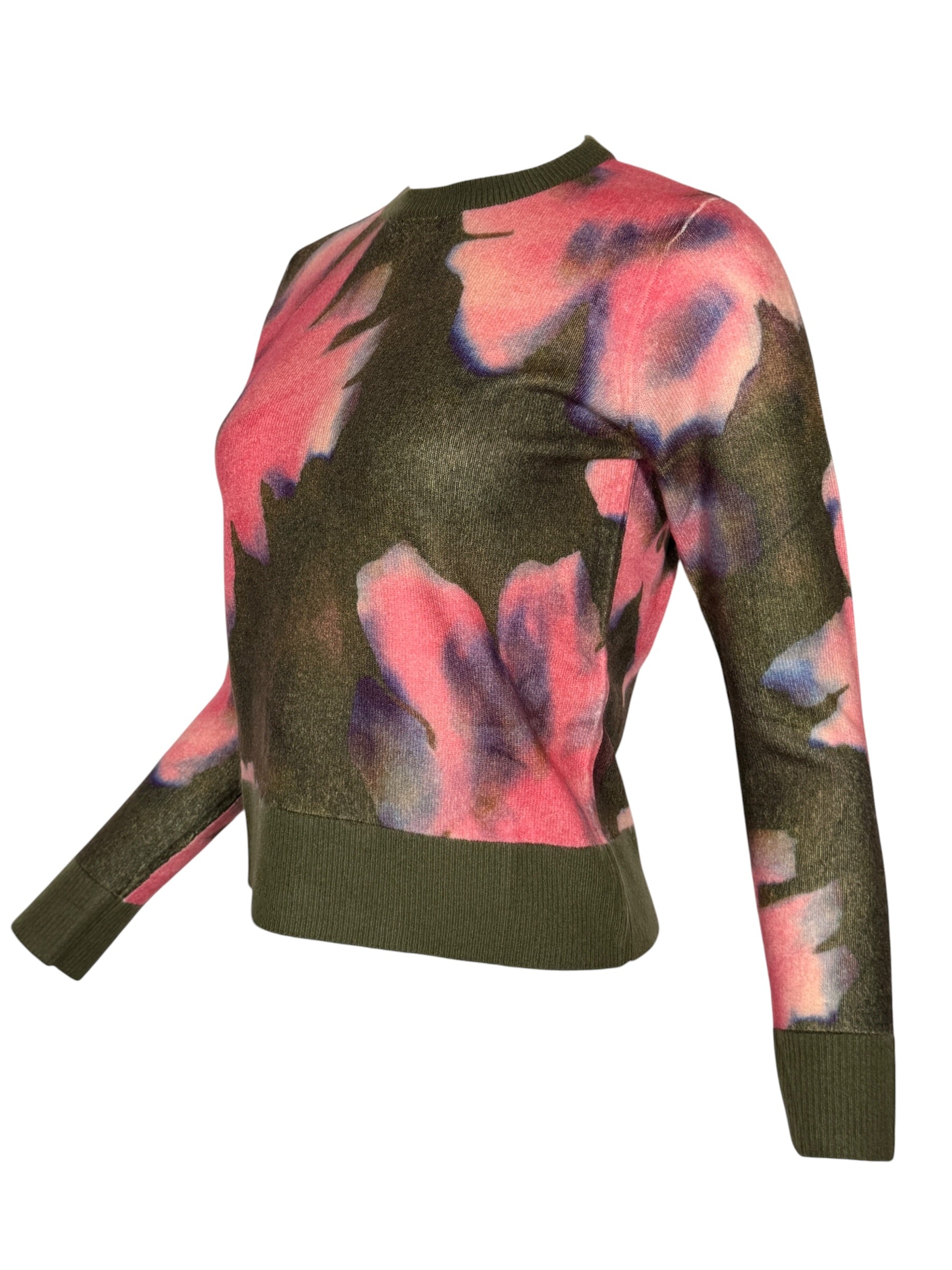 KINROSS CASHMERE HIGHLAND BLOOMS PRINT CREW SWEATER - OLIVE MULTI