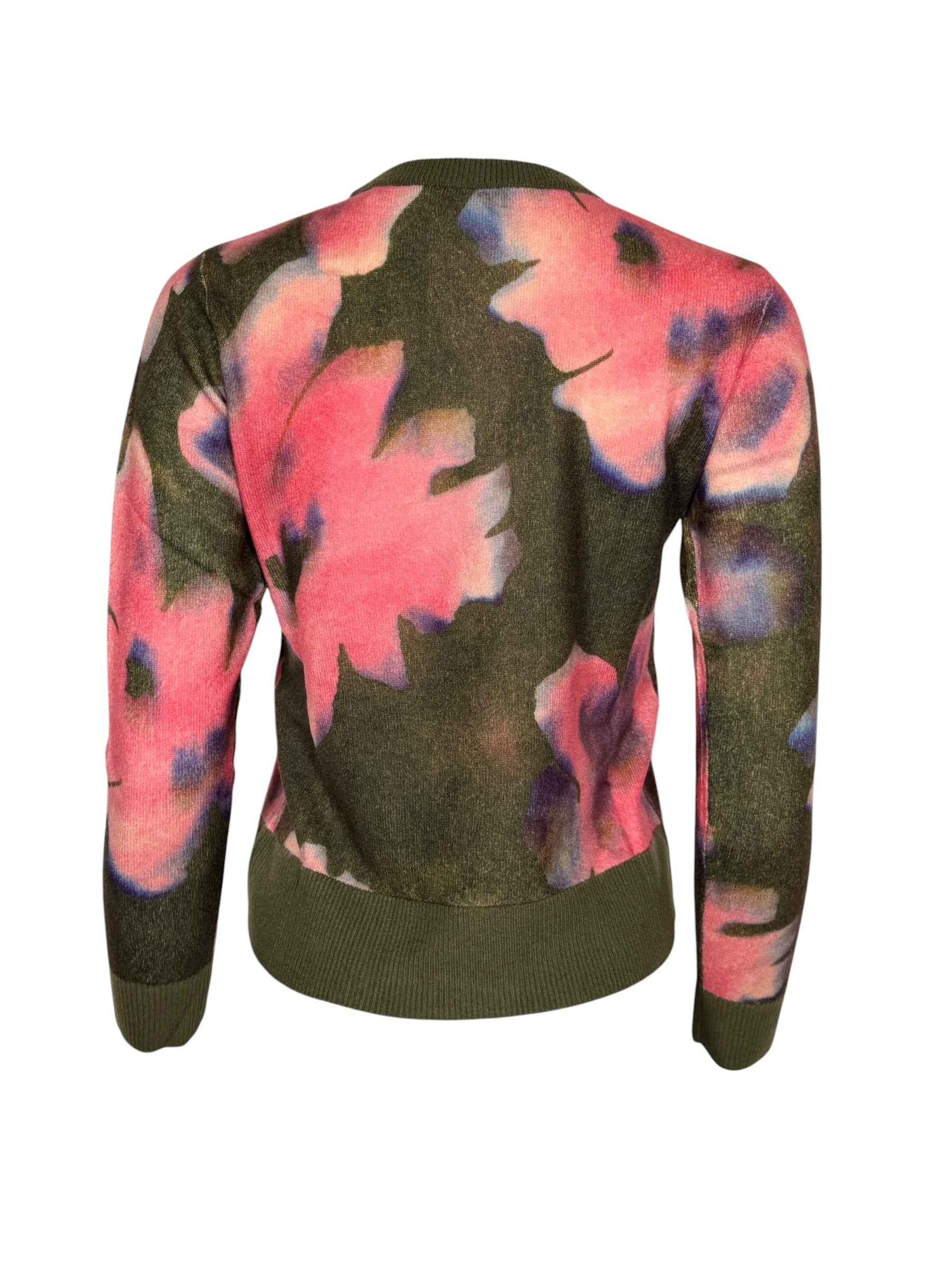 KINROSS CASHMERE HIGHLAND BLOOMS PRINT CREW SWEATER - OLIVE MULTI
