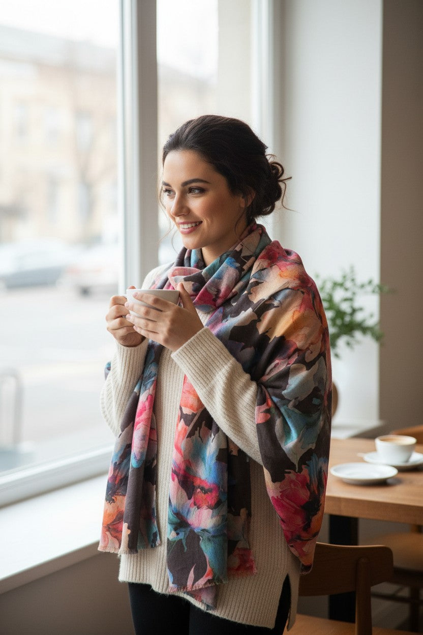 KINROSS HIGHLAND BLOOMS PRINT SCARF - CHOCOLATE MULTI