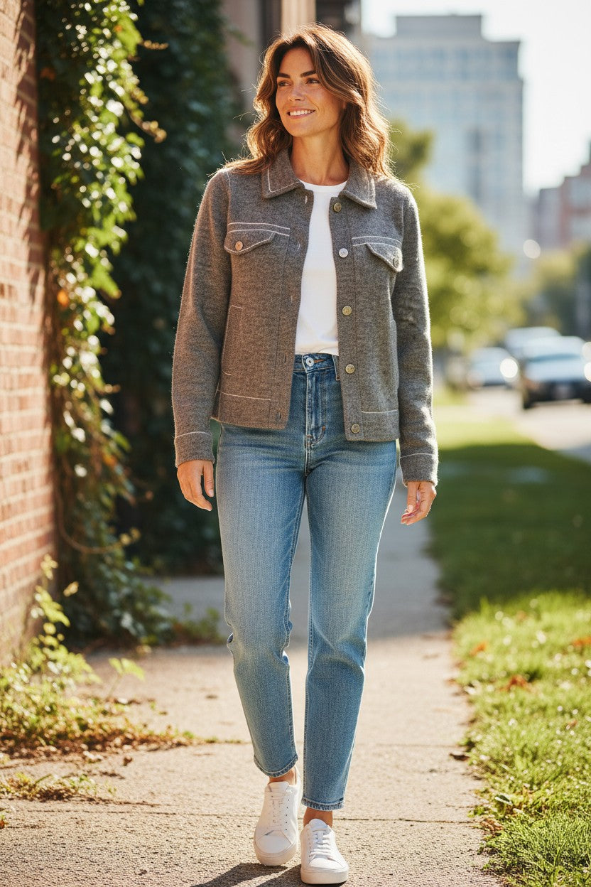 REPEAT WOOL/CASHMERE CARDIGAN WITH LINE DETAIL - THUNDER GREY