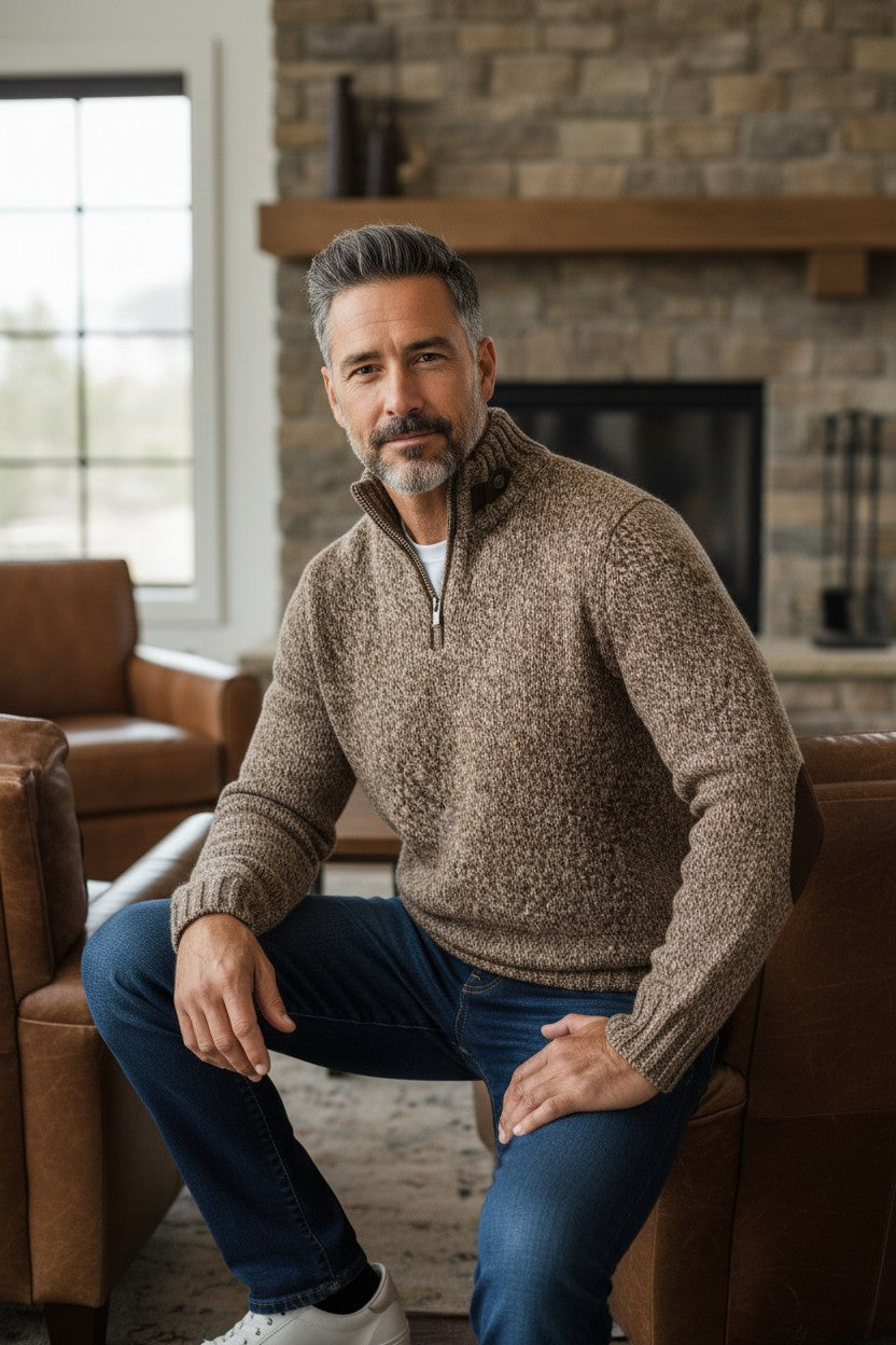 FEDELI ARAN 1/4 ZIP CASHMERE BLEND SWEATER - ROPE MELANGE