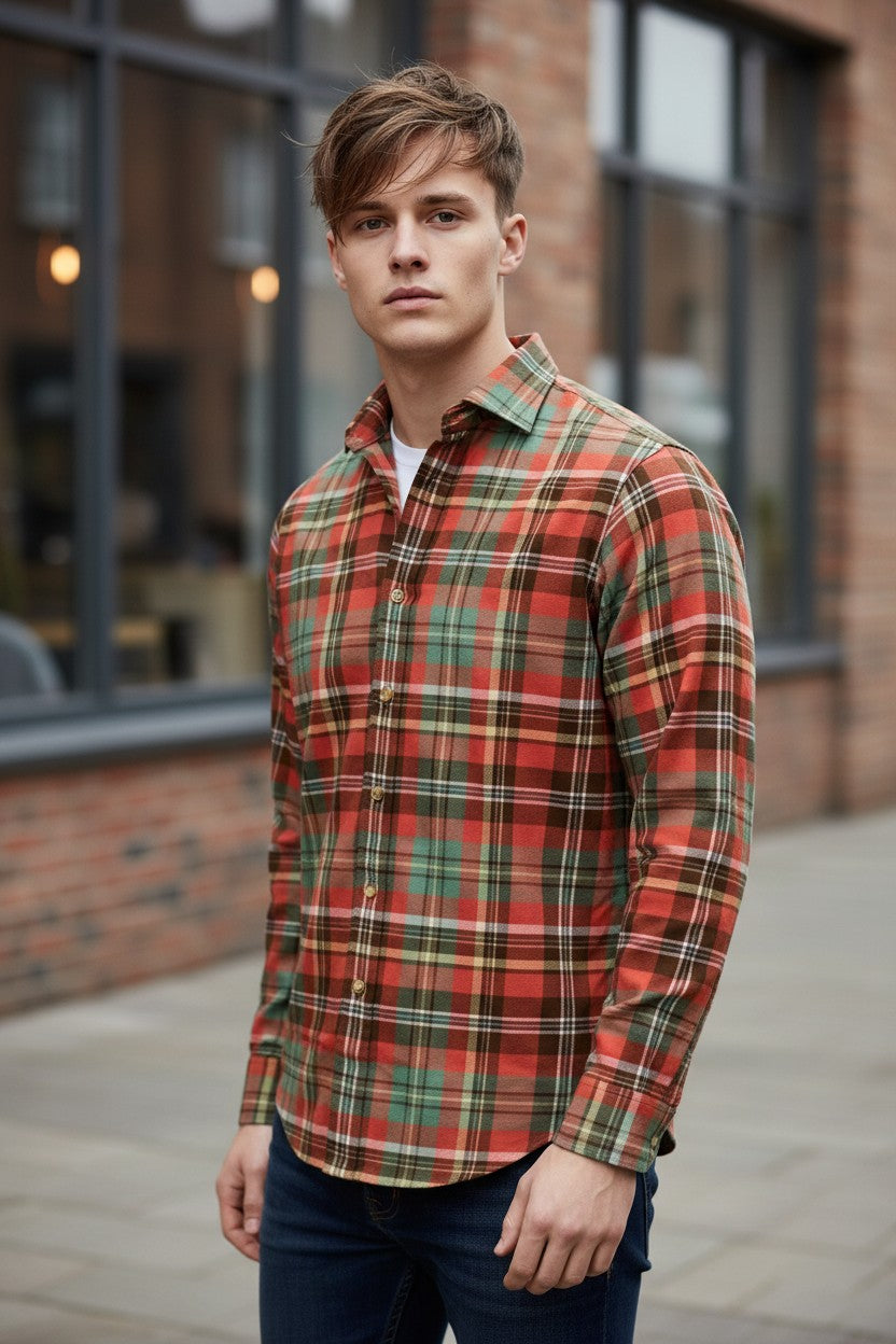 POLO RALPH LAUREN - LONG-SLEEVE SUEDED FLANNEL WHITFIELD WORKSHIRT - ORANGE/GREEN MULTI