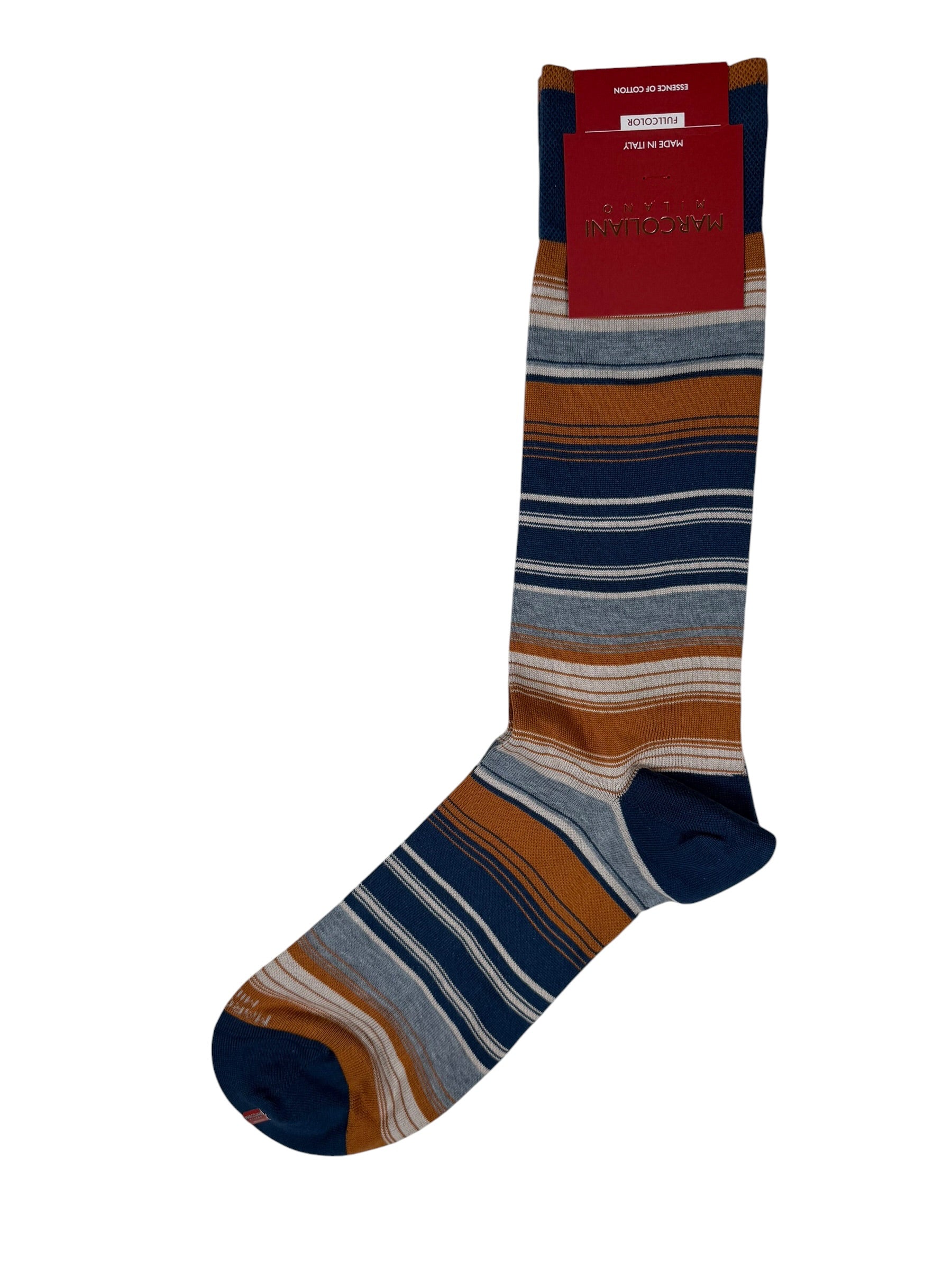 MARCOLIANI PIMA COTTON SHADED STRIPES CALF SOCK - BLUE/BEIGE