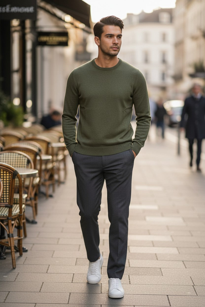 BUTTON DOWN WOOL/CASHMERE CREW SWEATER - OLIVE