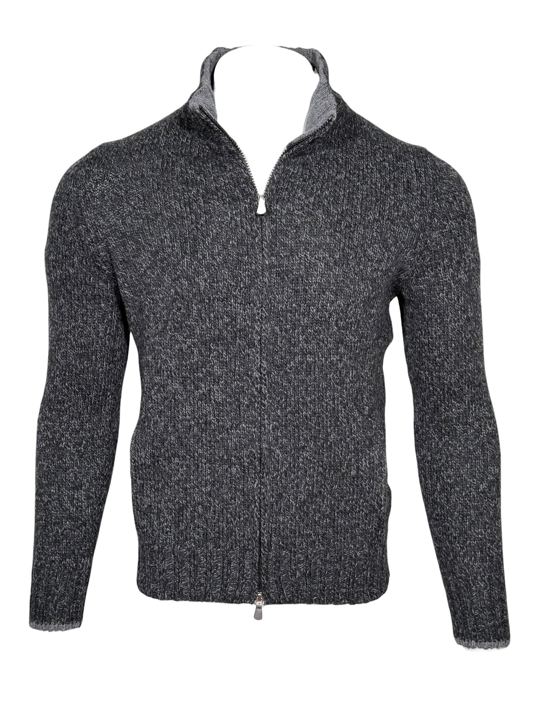 BUTTON DOWN MARL FULL ZIP SWEATER - GREY MIX