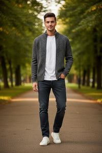 BUTTON DOWN MARL FULL ZIP SWEATER - GREY MIX