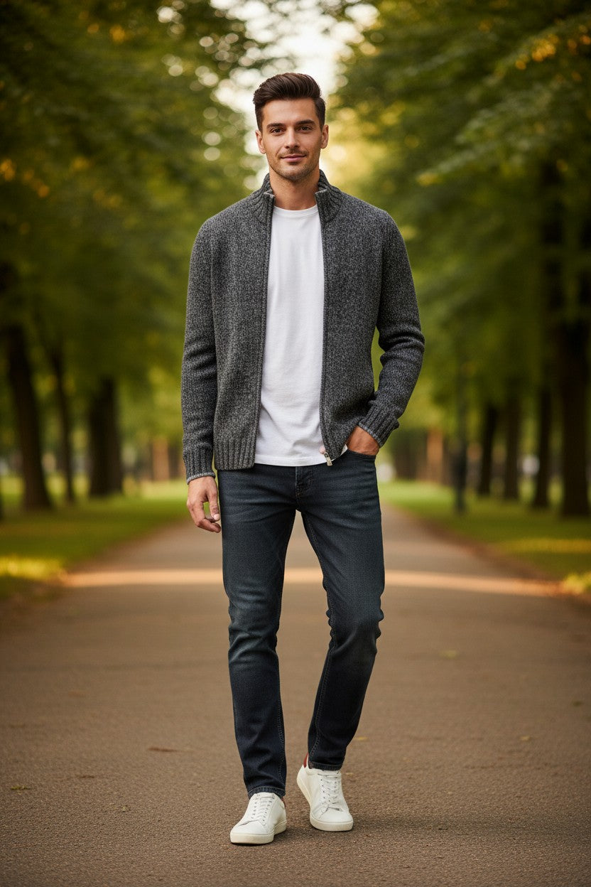 BUTTON DOWN MARL FULL ZIP SWEATER - GREY MIX