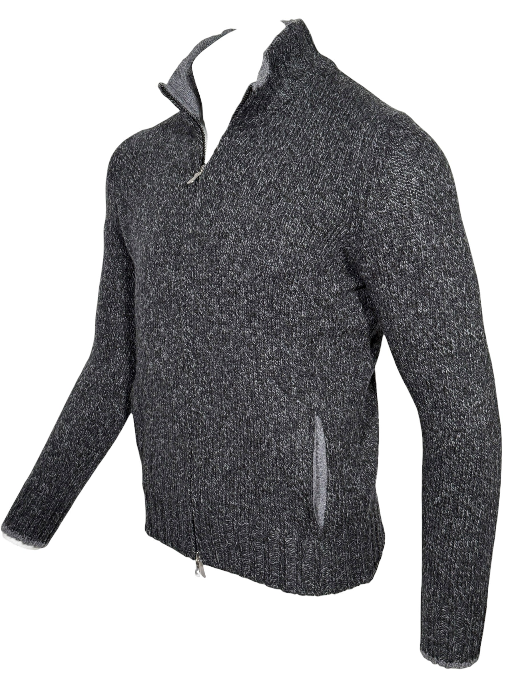 BUTTON DOWN MARL FULL ZIP SWEATER - GREY MIX