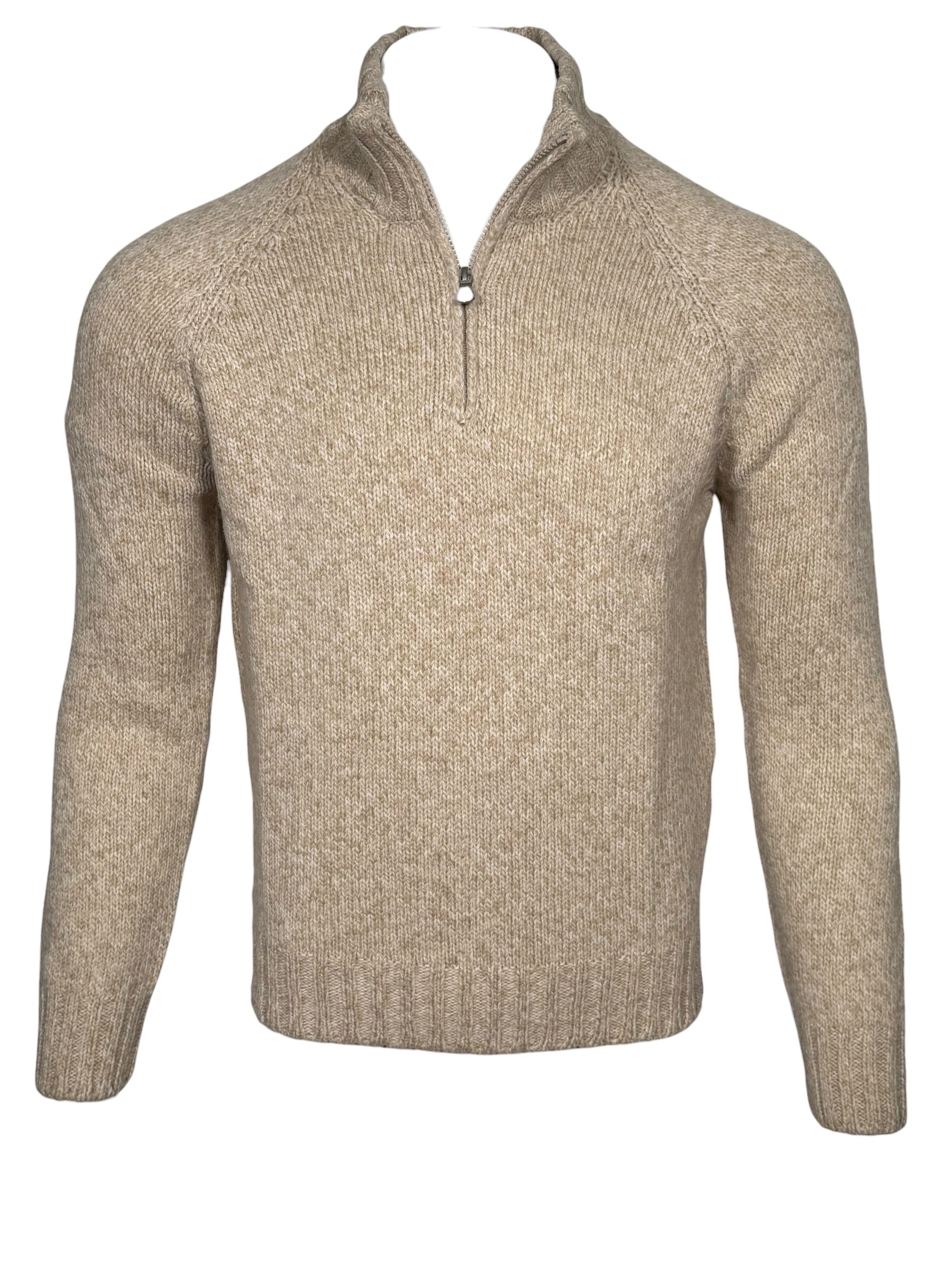 BUTTON DOWN 6 PLY WOOL 1/4 ZIP SWEATER - TAUPE MARL