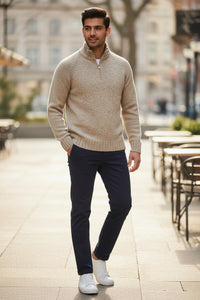 BUTTON DOWN 6 PLY WOOL 1/4 ZIP SWEATER - TAUPE MARL
