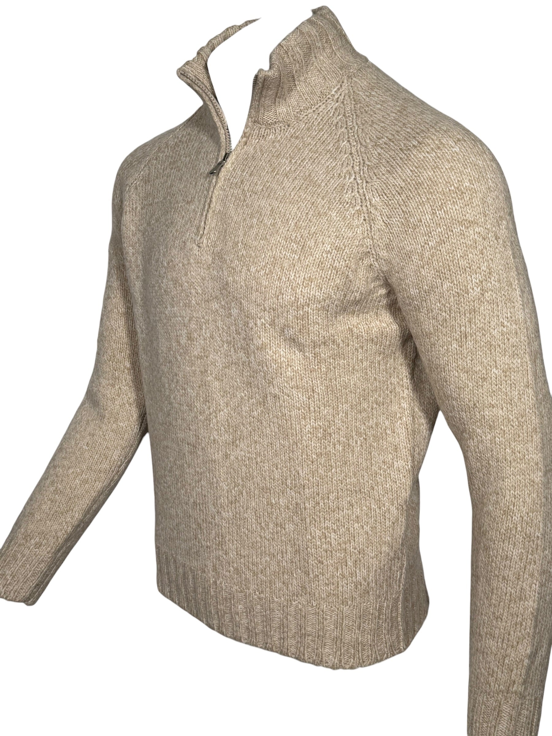 BUTTON DOWN 6 PLY WOOL 1/4 ZIP SWEATER - TAUPE MARL