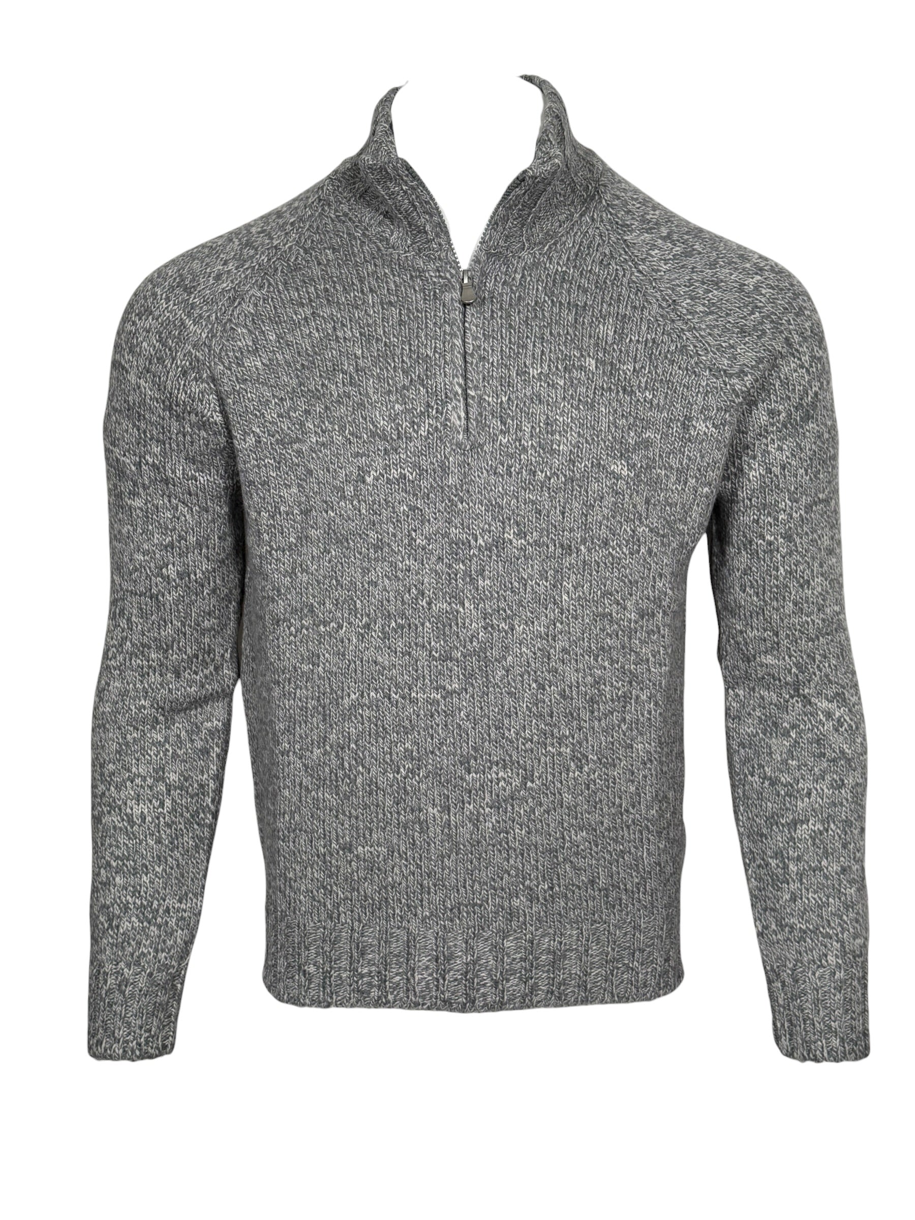 BUTTON DOWN 6 PLY WOOL 1/4 ZIP SWEATER - LIGHT GREY MARL