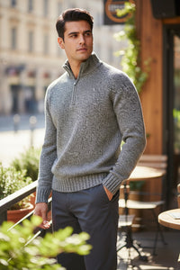 BUTTON DOWN 6 PLY WOOL 1/4 ZIP SWEATER - LIGHT GREY MARL