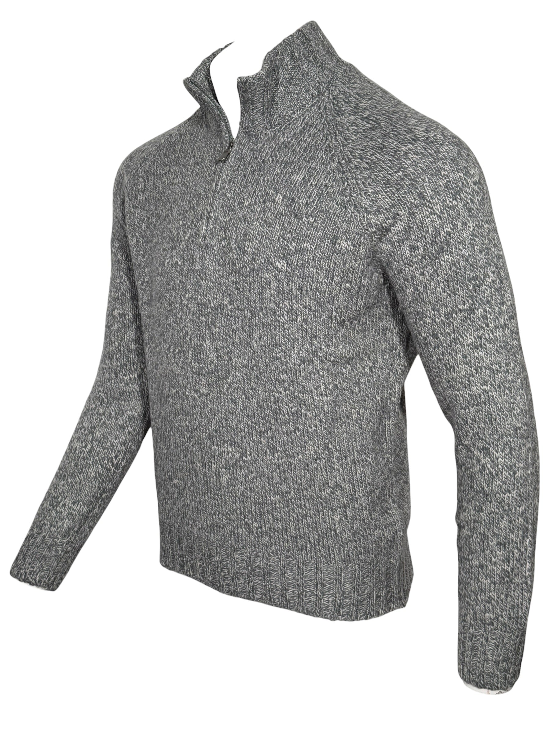 BUTTON DOWN 6 PLY WOOL 1/4 ZIP SWEATER - LIGHT GREY MARL