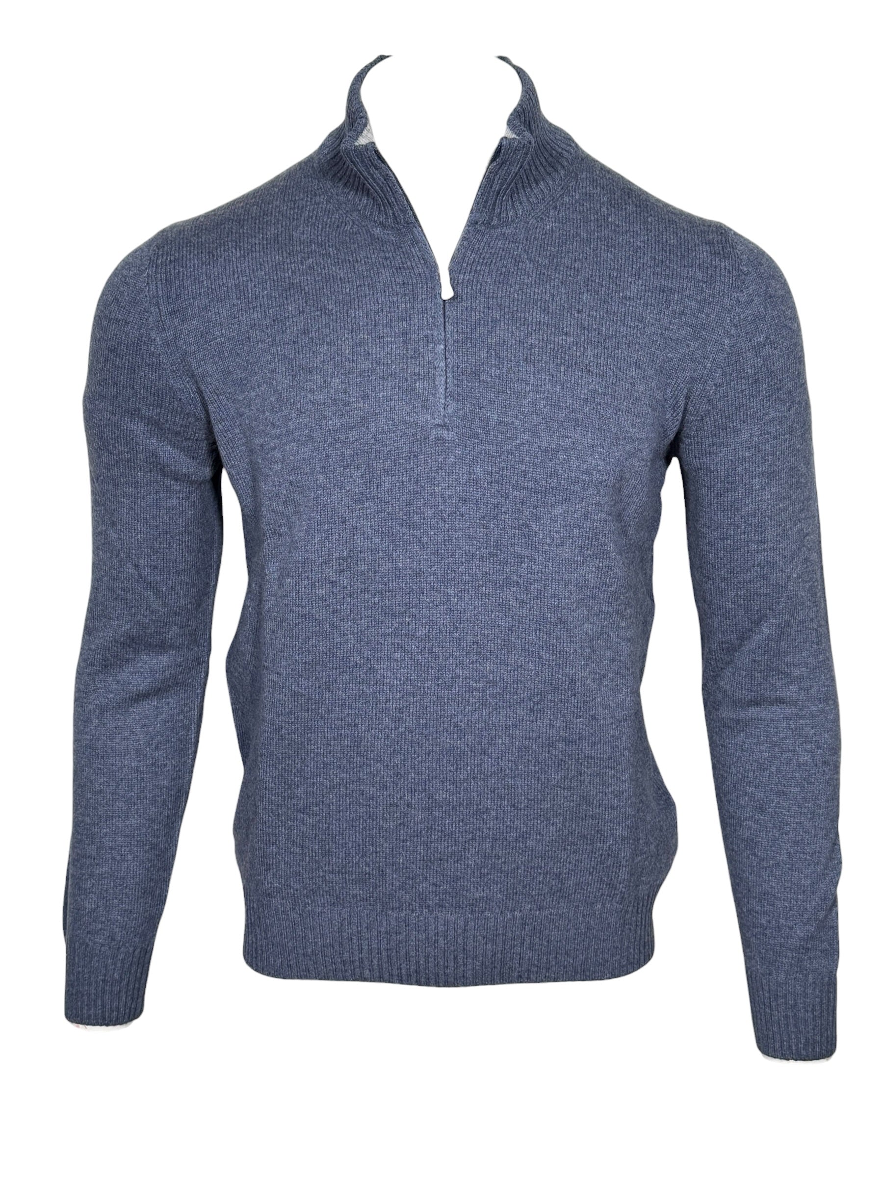 BUTTON DOWN WOOL/CASHMERE 1/4 ZIP SWEATER - DENIM