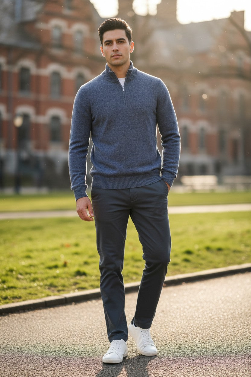 BUTTON DOWN WOOL/CASHMERE 1/4 ZIP SWEATER - DENIM