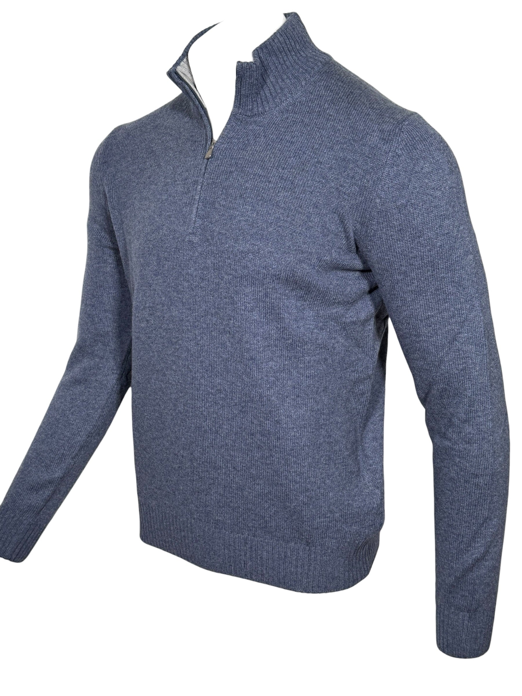 BUTTON DOWN WOOL/CASHMERE 1/4 ZIP SWEATER - DENIM