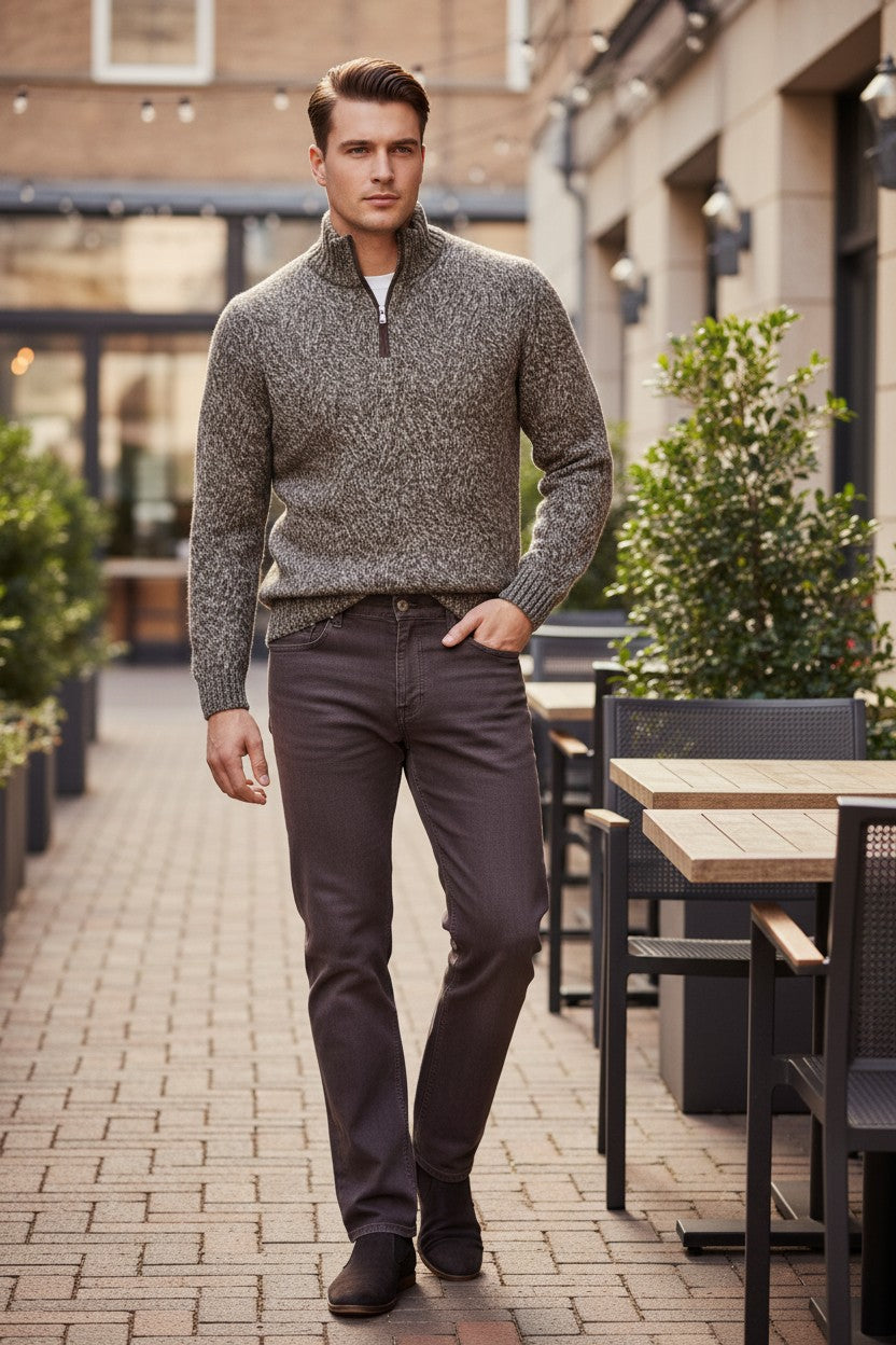 FEDELI WAVE CABLE 1/4 ZIP SWEATER - OLIVE MELANGE